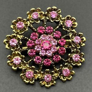 Yellow Gold with Light and Dark Pink Sapphire Crystal Flower Pin Back Brooch